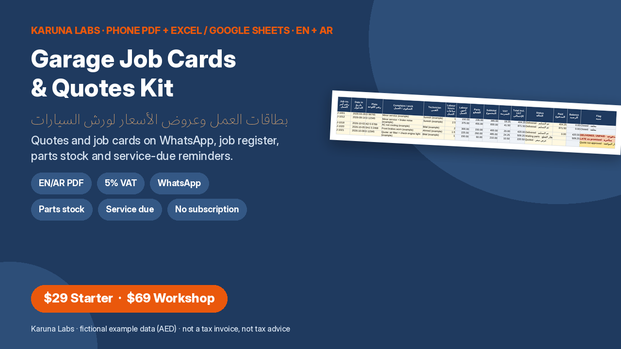 Garage Job Cards kit: job register with late and unpaid flags (fictional example)