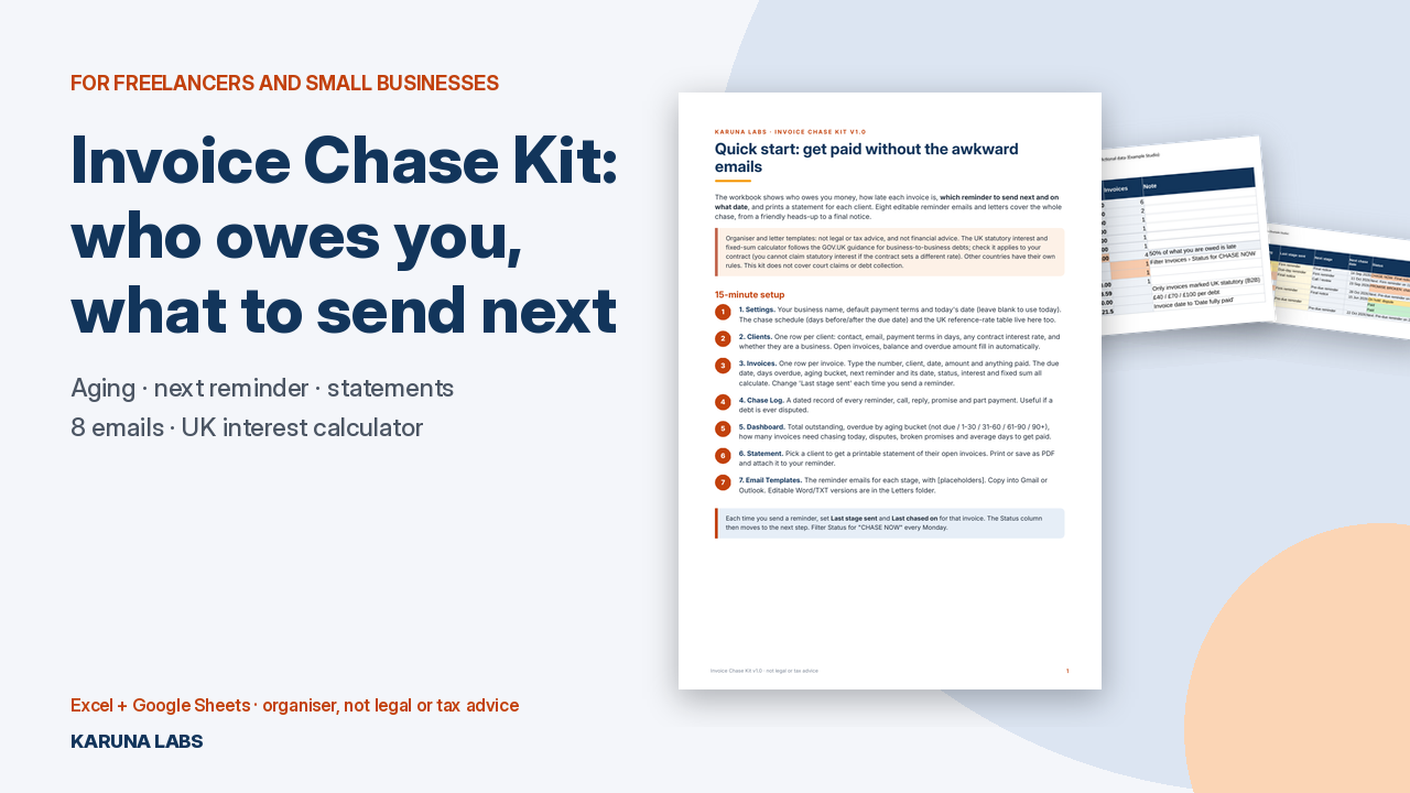 Invoice Chase Kit: spreadsheet showing overdue invoices and the next reminder to send (fictional example data)
