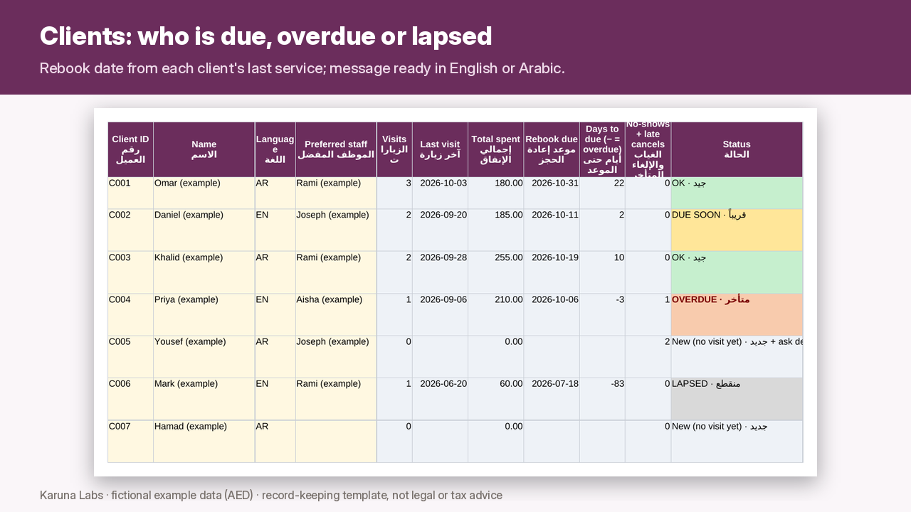 Clients sheet with due, overdue and lapsed statuses (fictional example)